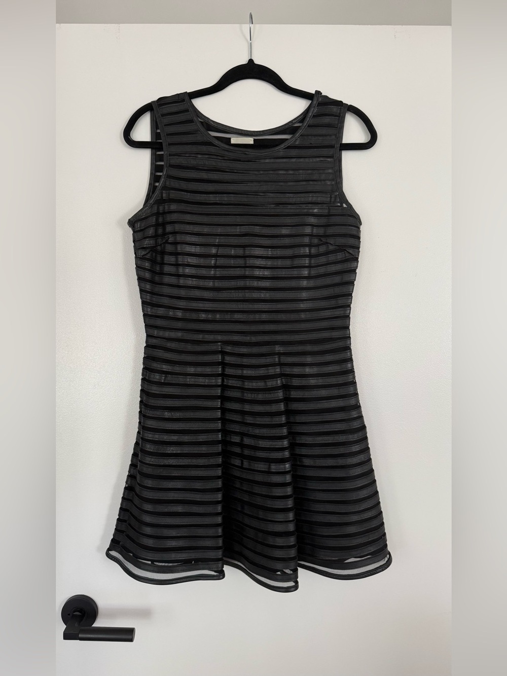 PARKER Black Faux Leather Sleeveless Fit-and-Flare Mini Dress 🔥🖤 Leather Stripes